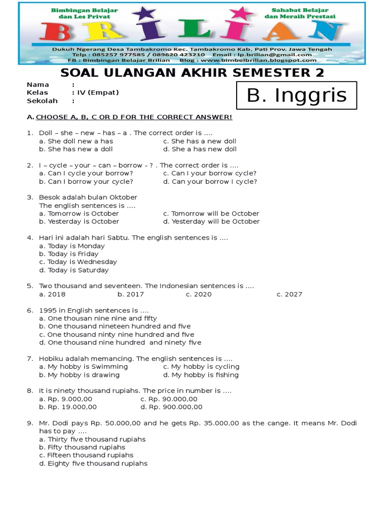10 Contoh Soal UTS Bahasa Inggris Kelas 4 SD Semester 1 Beserta Kunci Jawaban Terbaru 10 Contoh Soal UTS Bahasa Inggris Kelas 4 SD Semester 1 Beserta Kunci Jawaban Terbaru