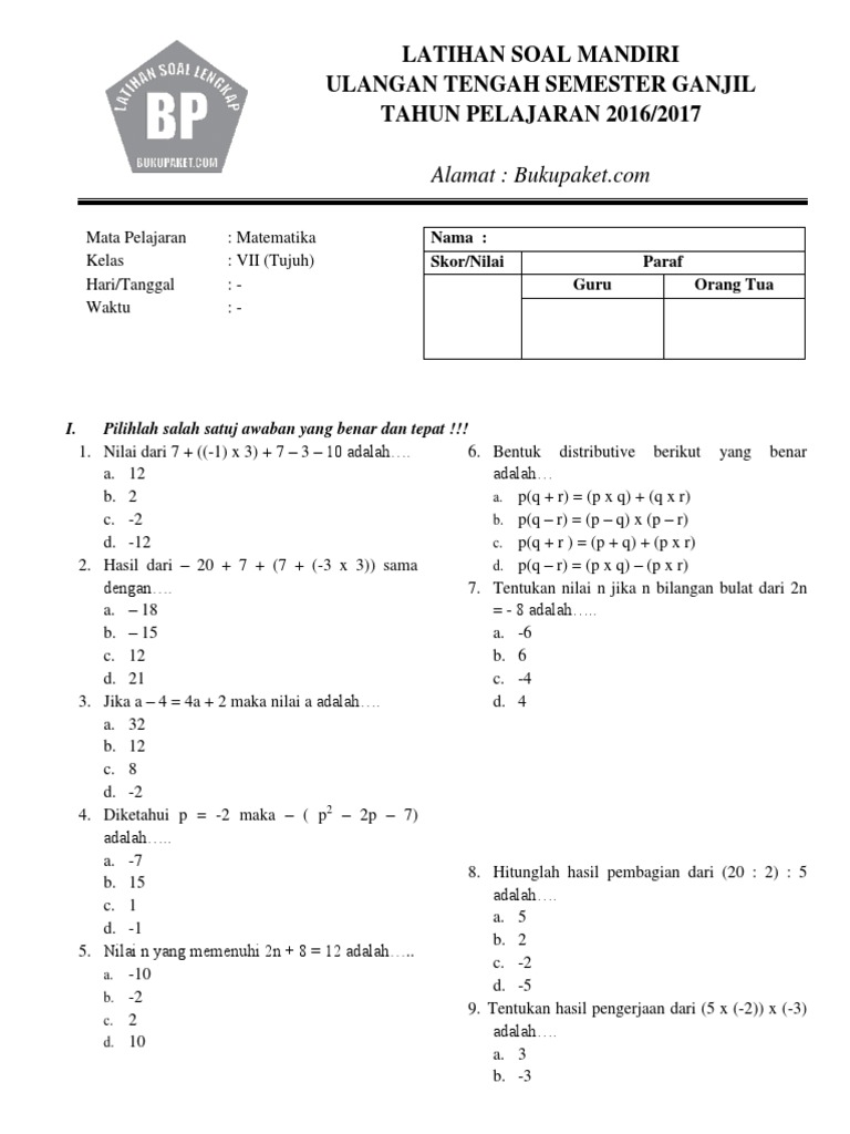 latihan soal matematika kelas 7 semester 1 latihan soal matematika kelas 7 semester 1