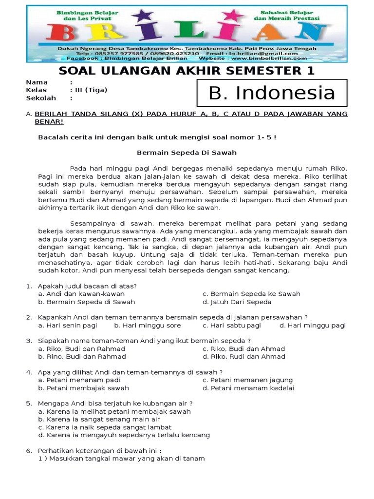 20 Contoh Soal Bahasa Indonesia Kelas 3 Semester 1 Beserta Kunci Jawaban yang Wajib Dikuasai