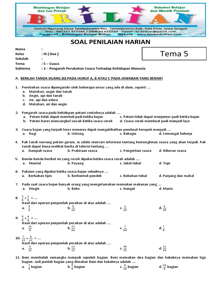 Soal Ulangan Tema 5 Cuaca Kelas 3 PDF