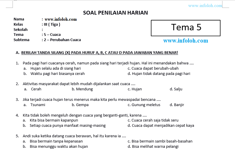 Soal Tema 5 Kelas 3 Subtema 2 - Seputar Kelas Soal Tema 5 Kelas 3 Subtema 2 - Seputar Kelas