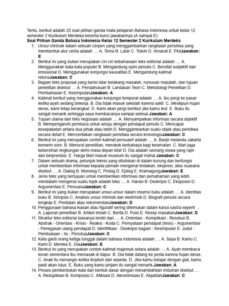 Buatkan Soal Bahasa Indonesia Kelas 12 Semester 2 PDF
