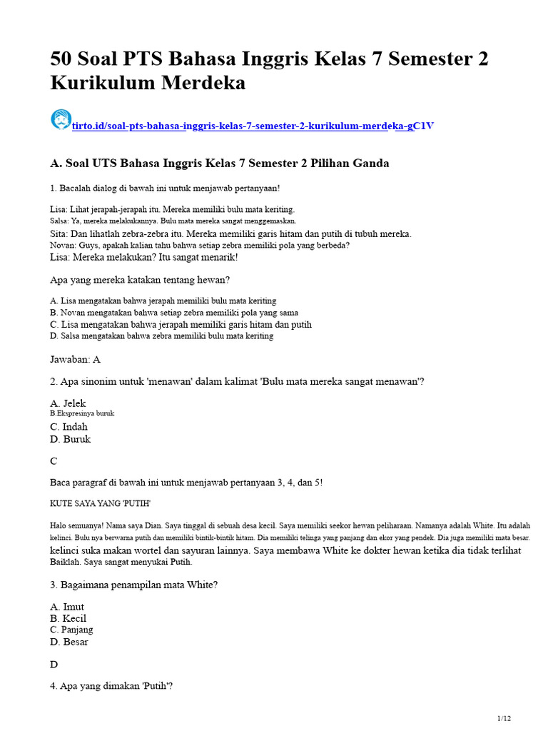 50 Soal Bahasa Inggris Kelas 7 Semester 2 Lengkap dengan Kunci Jawaban, Wajib Tahu Sebelum Ujian! 50 Soal Bahasa Inggris Kelas 7 Semester 2 Lengkap dengan Kunci Jawaban, Wajib Tahu Sebelum Ujian!