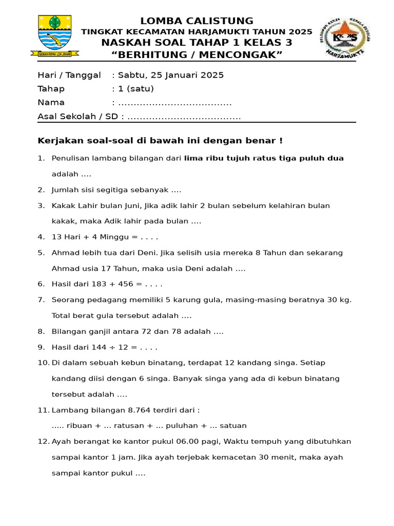 7 Latihan Contoh Soal Lomba Calistung Kelas 3 yang Wajib Dikuasai Sebelum Terlambat 7 Latihan Contoh Soal Lomba Calistung Kelas 3 yang Wajib Dikuasai Sebelum Terlambat