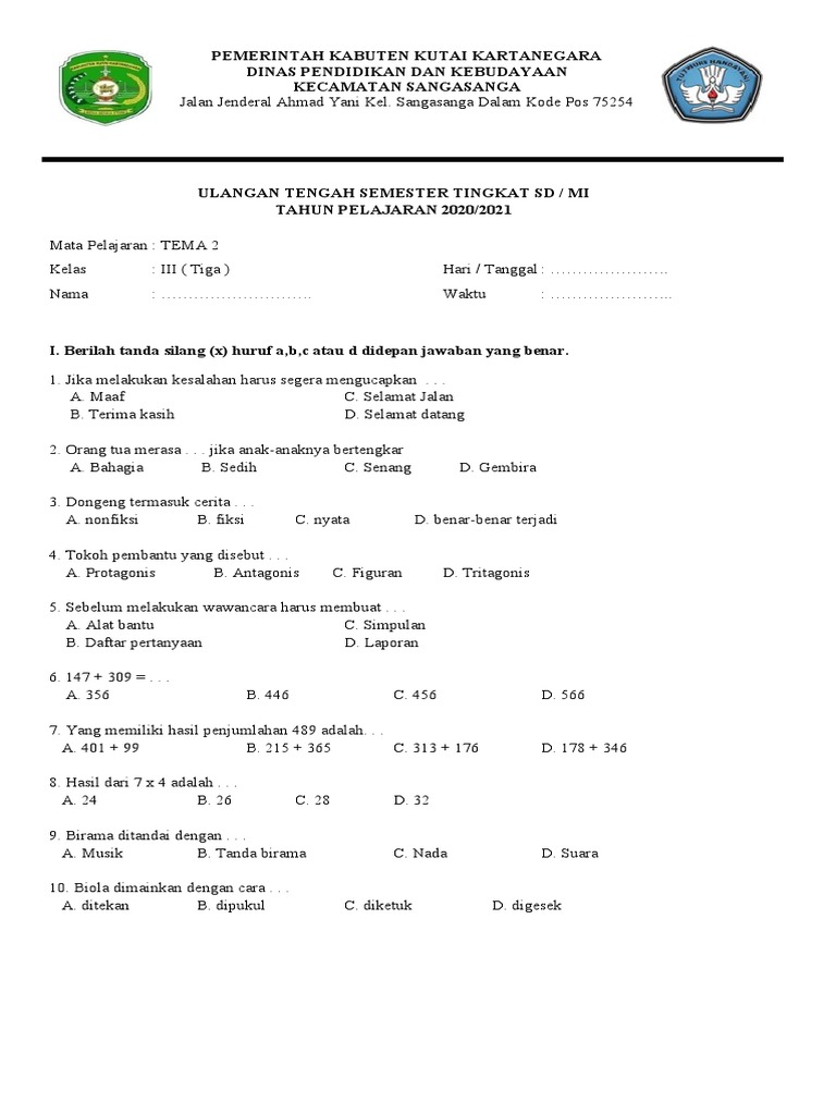 Soal UTS Kelas 3 MI Semester 2 PDF