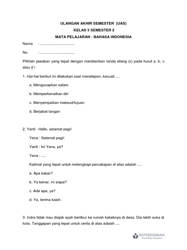 Soal Bahasa Indonesia Kelas 3 Semester 2 PDF