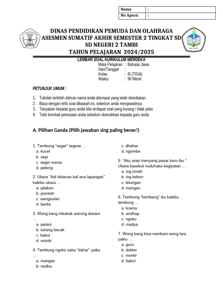 Soal Bahasa Jawa Kelas 3 Semester 2 PDF Soal Bahasa Jawa Kelas 3 Semester 2 PDF