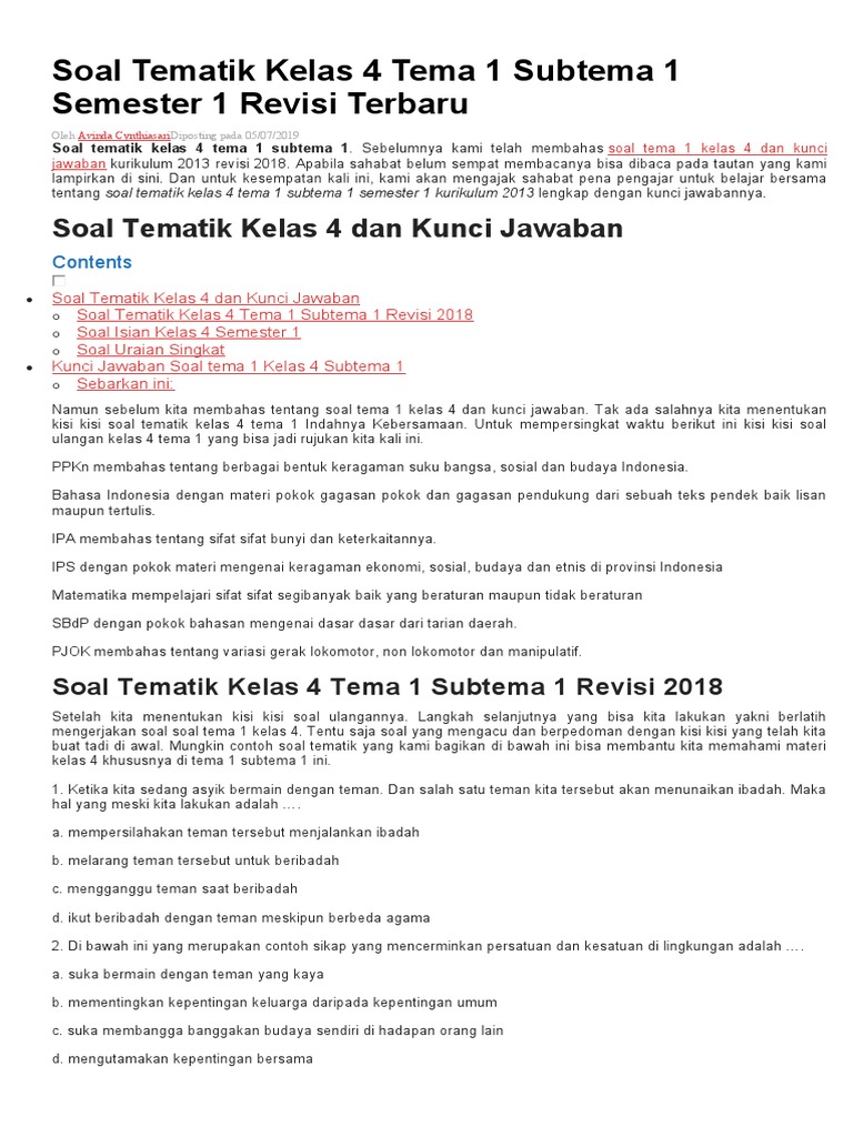 Soal Tematik Kelas 4 Tema 1 Semester 1 PDF Soal Tematik Kelas 4 Tema 1 Semester 1 PDF