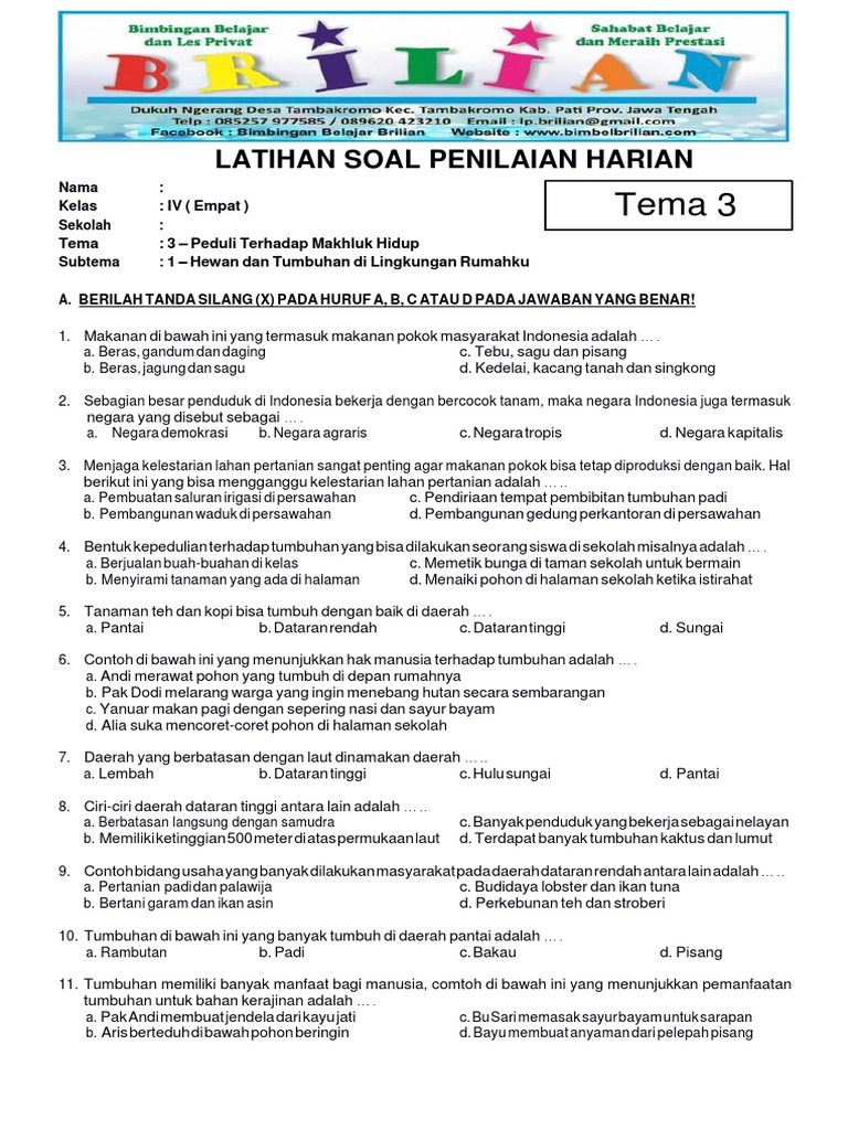 Soal Tematik Kelas 4 SD Tema 3 Subtema 1 Hewan Dan Tumbuhan Di
