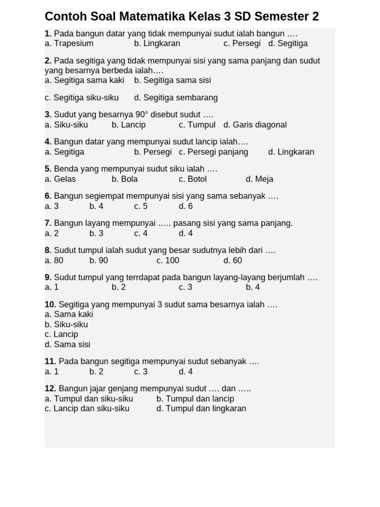 Akhirnya Terungkap 20 Soal Matematika Kelas 3 SD Semester 2 dan Jawabannya yang Sering Muncul di Ujian Akhirnya Terungkap 20 Soal Matematika Kelas 3 SD Semester 2 dan Jawabannya yang Sering Muncul di Ujian