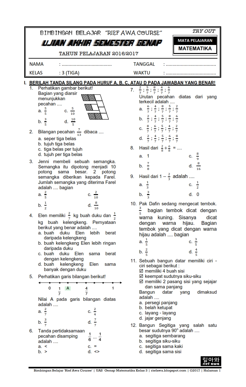Ini 20 Soal Matematika Kelas 3 SD Semester 2 Beserta Kunci Jawabannya, Wajib Dicoba Sebelum Ulangan Ini 20 Soal Matematika Kelas 3 SD Semester 2 Beserta Kunci Jawabannya, Wajib Dicoba Sebelum Ulangan