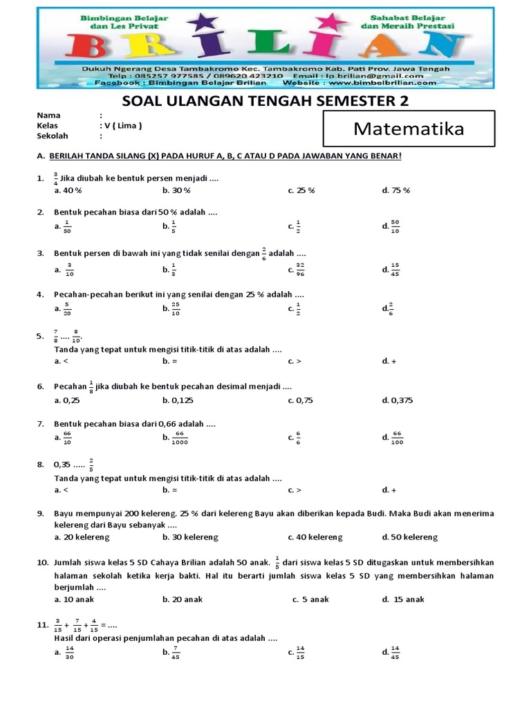 Soal UTS Matematika Kelas 5 SD Semester 2 Genap Dan Kunci Jawaban PDF