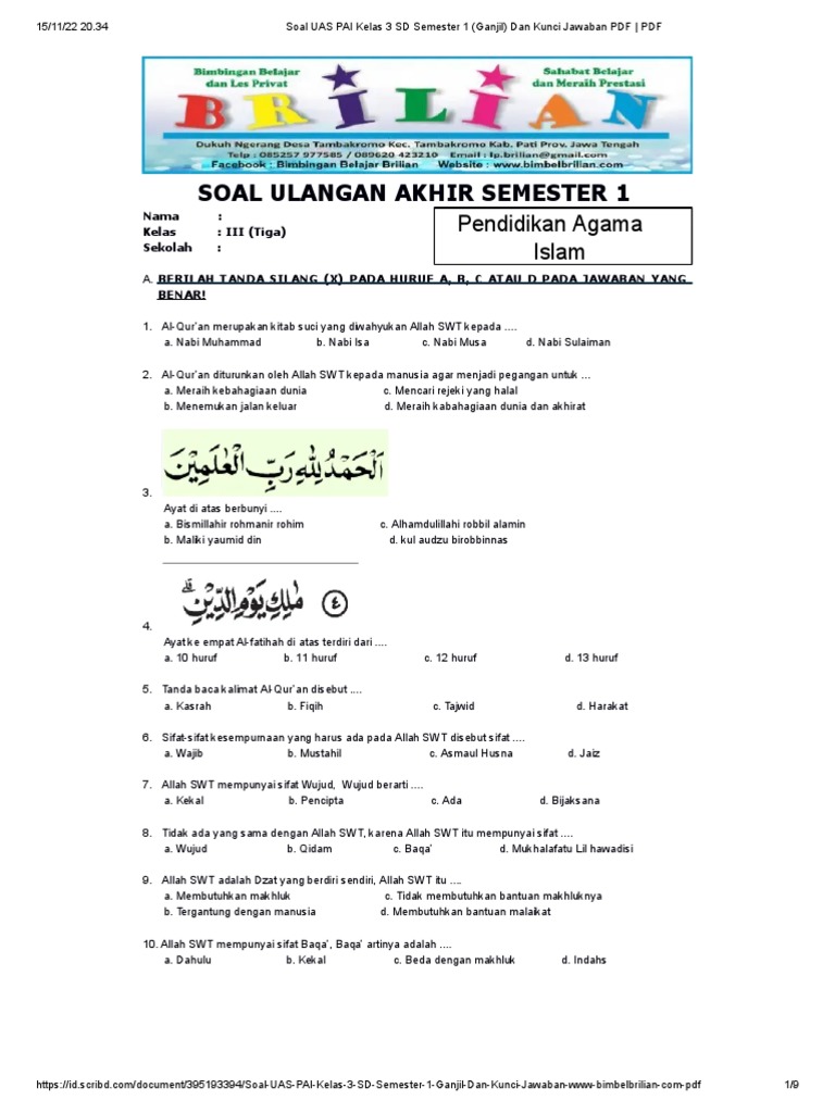 Soal UAS PAI Kelas 3 SD Semester 1 Ganjil Dan Kunci Jawaban PDF - PDF
