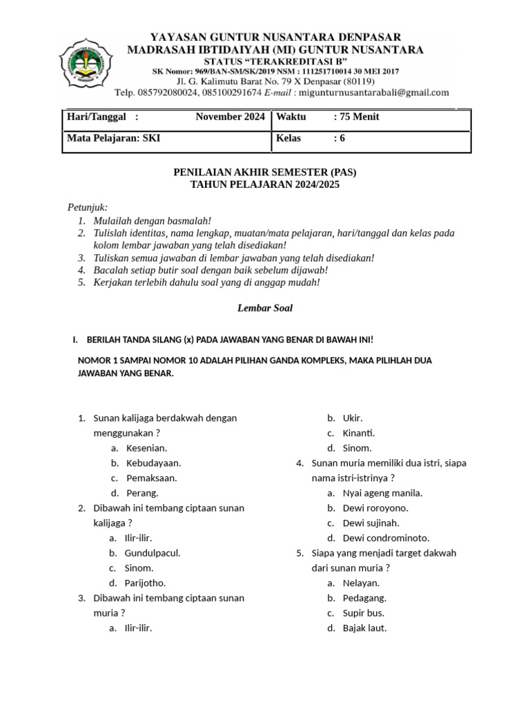 Penilaian Akhir Semester SKI Kelas 6 PDF Penilaian Akhir Semester SKI Kelas 6 PDF