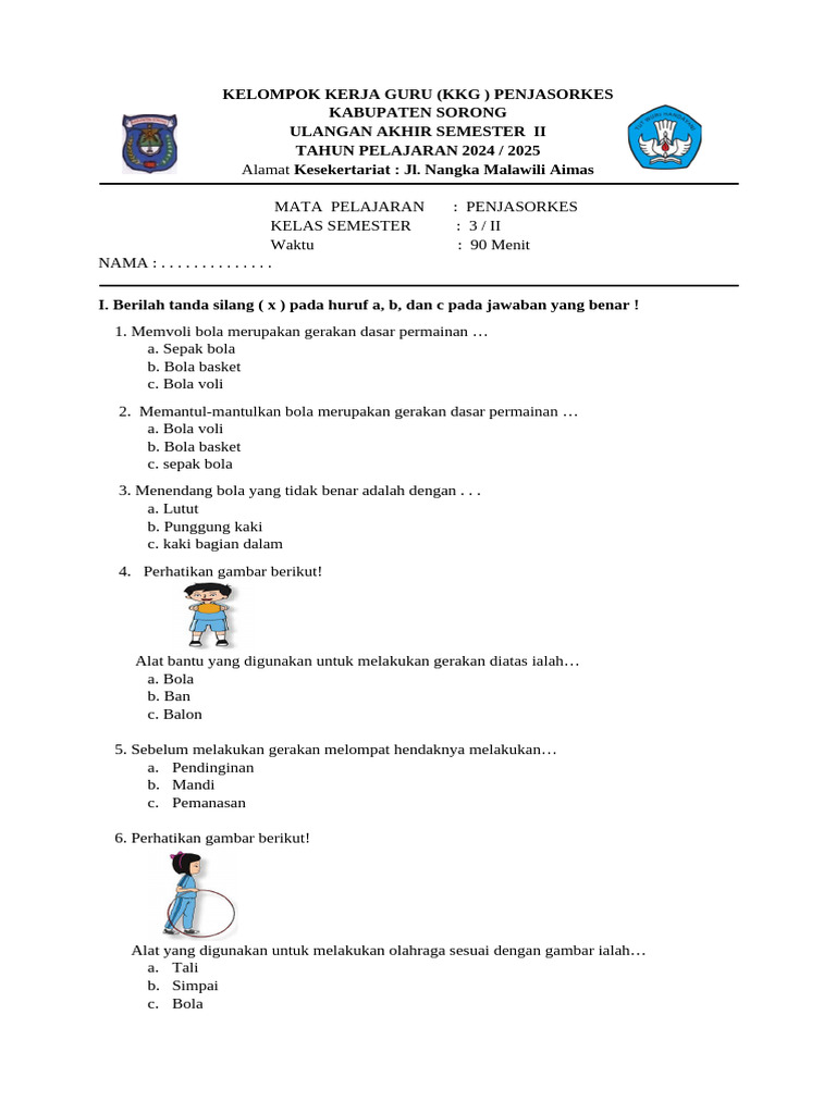 contoh soal pjok kelas 3 semester 2