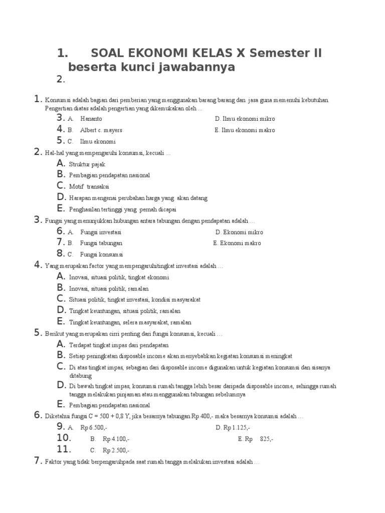 Soal Ekonomi Kelas 10 Semester 2 PDF Soal Ekonomi Kelas 10 Semester 2 PDF
