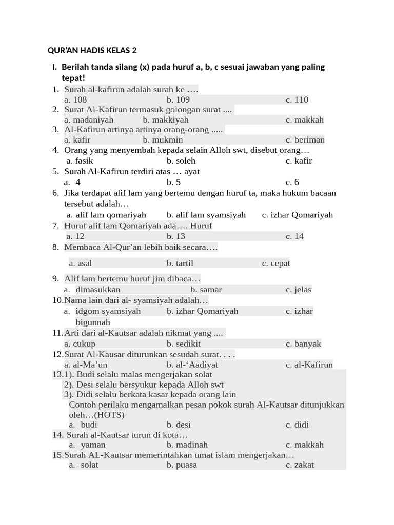 soal qurdis kelas 2 semester 1