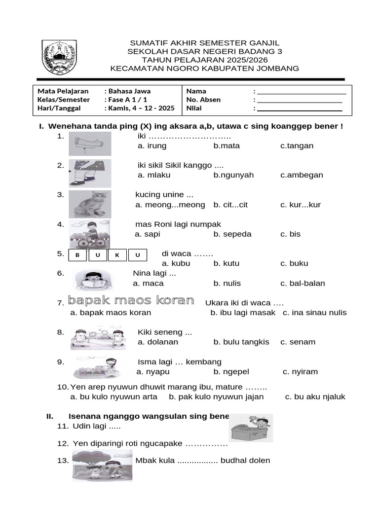 Kumpulan soal bahasa jawa kelas 1 semester 2 k13 paling akurat untuk persiapan ujian Kumpulan soal bahasa jawa kelas 1 semester 2 k13 paling akurat untuk persiapan ujian