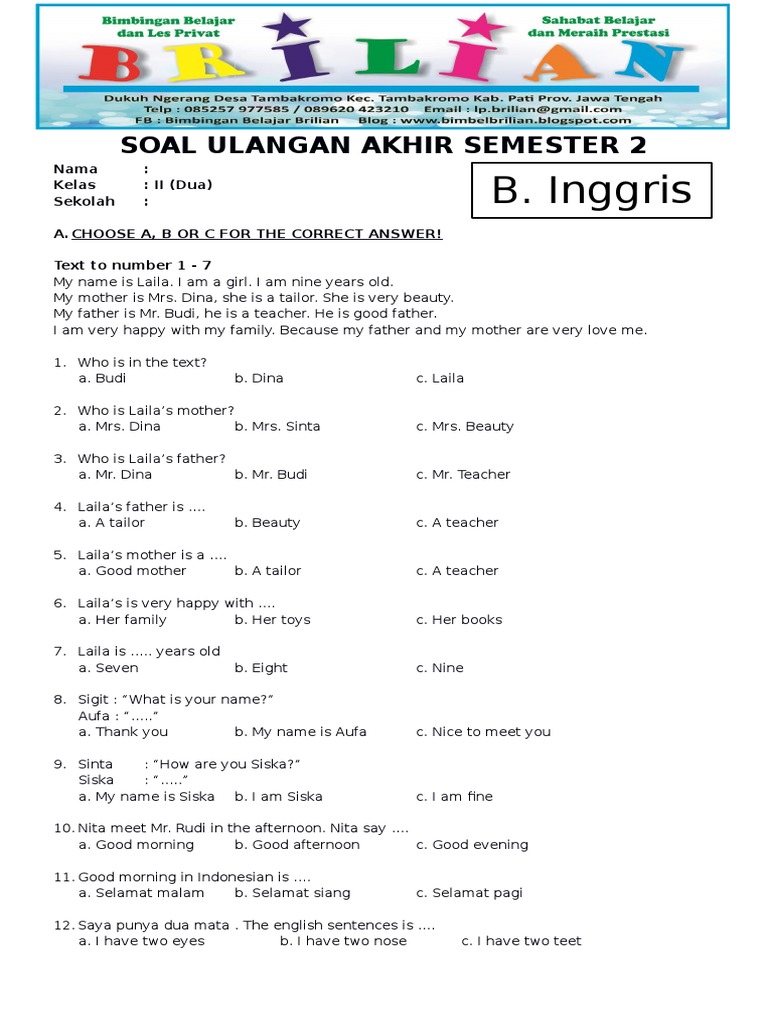 Rahasia Skor Sempurna Pakai Latihan Soal Ulangan Bahasa Inggris SD Kelas 2 Scribd