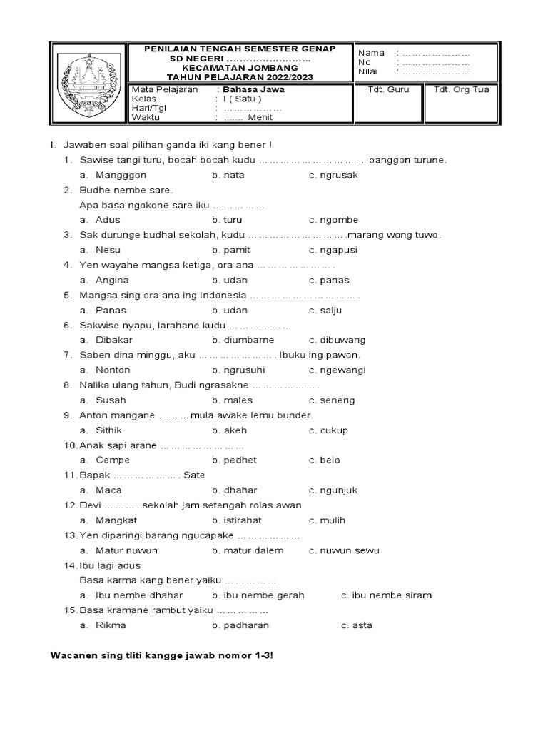 Wajib Tahu Rahasia Menjawab Soal Bahasa Jawa Kelas 1 Semester 2 Tahun 2018 dengan Mudah